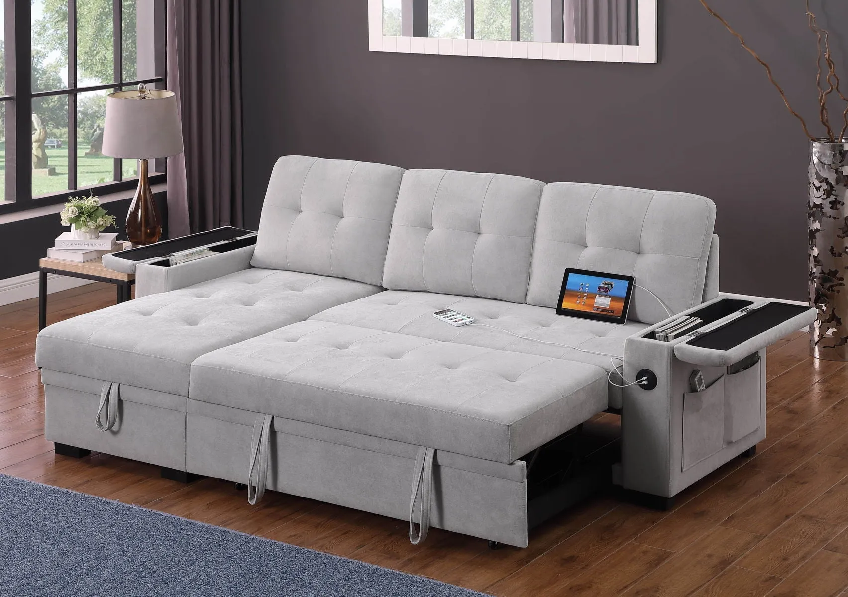 Ashlyn II - 84"W Woven Fabric Reversible Sleeper Sectional Sofa with Storage Chaise by Couch.com