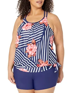 Blouson Women's Two Piece Tankini Swimsuit With Boy Shorts For Plus Size-Blue Floral