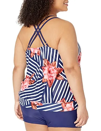 Blouson Women's Two Piece Tankini Swimsuit With Boy Shorts For Plus Size-Blue Floral