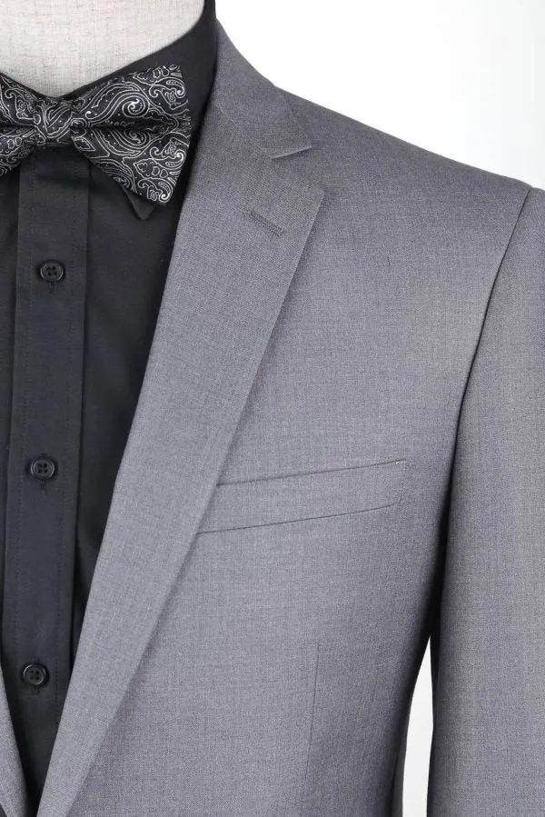 BUILD YOUR PACKAGE: Light Grey Slim Fit Suit (Package Includes 2 Pc Suit, Shirt, Necktie or Bow Tie, Matching Pocket Square, & Shoes)