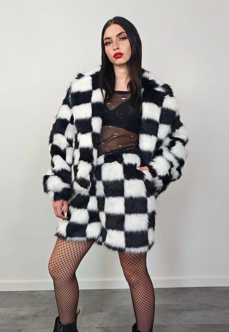 Checked faux fur shorts black white fuzzy cropped pants