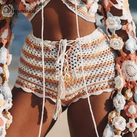 Crochet Shorts Lace Up Front Multi Colored Stripes White Orange Blue Golden Festival Or Beach Small Medium Or Large