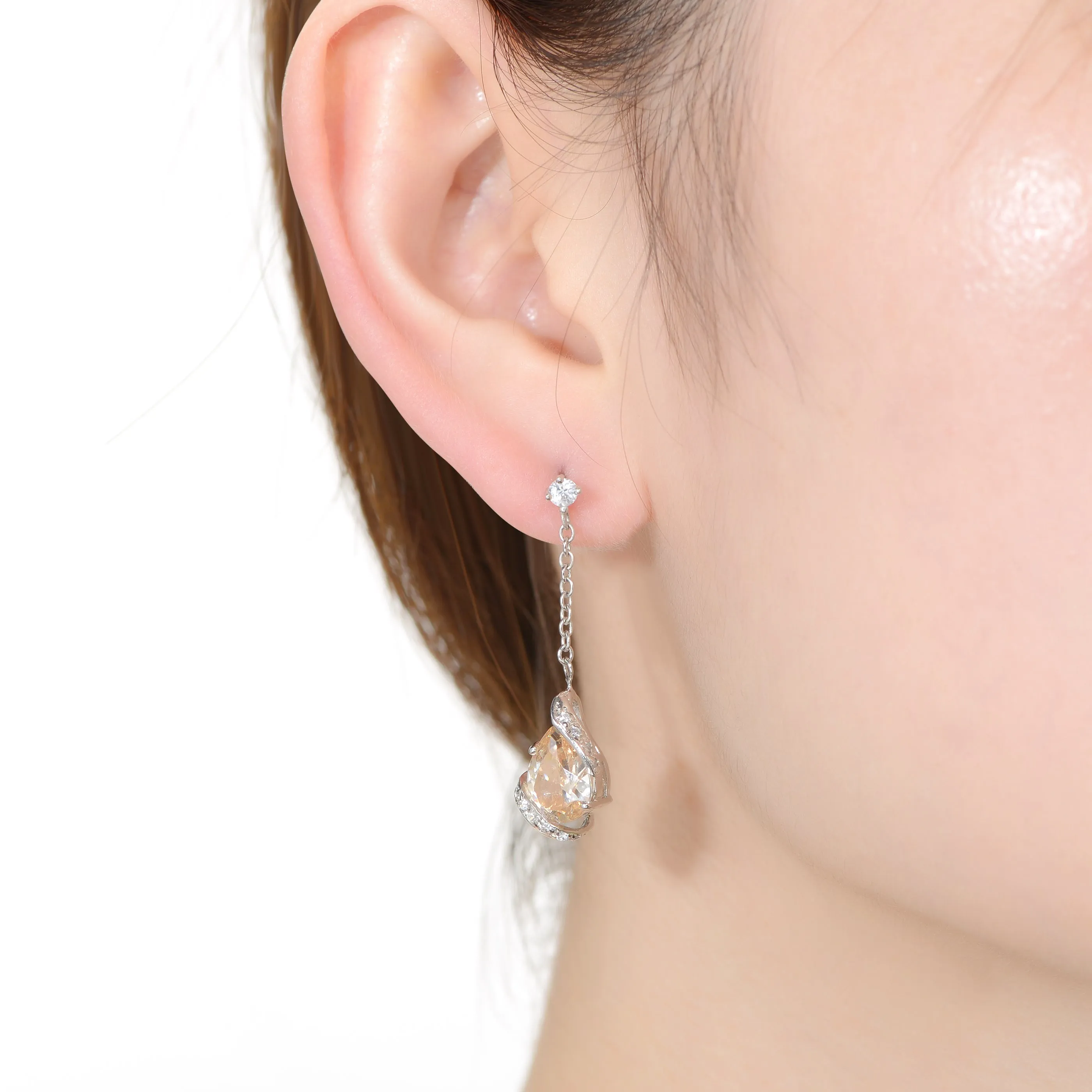 Cubic Zirconia Sterling Silver Rhodium Plated Champagne Pear Shape Long Drop Earrings