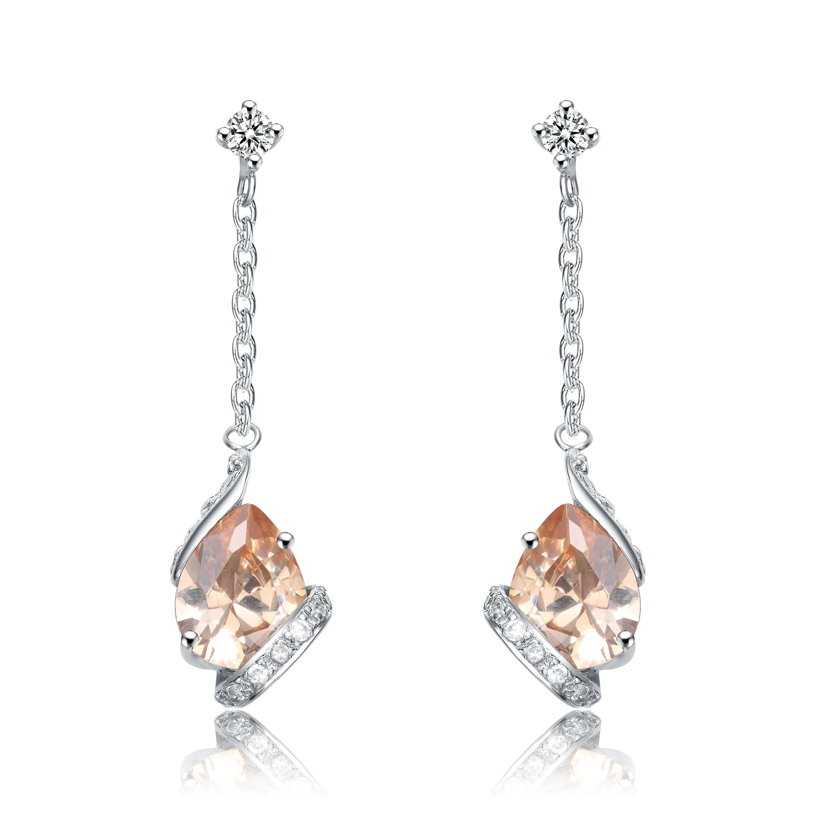 Cubic Zirconia Sterling Silver Rhodium Plated Champagne Pear Shape Long Drop Earrings