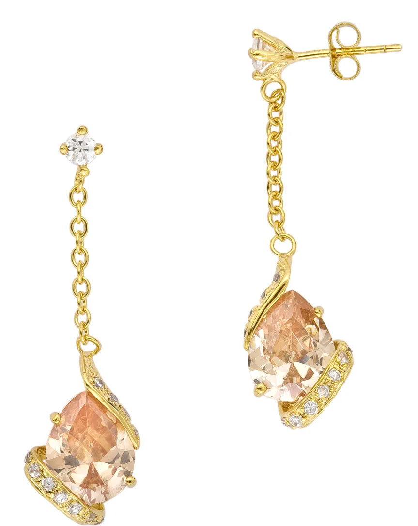 Cubic Zirconia Sterling Silver Rhodium Plated Champagne Pear Shape Long Drop Earrings
