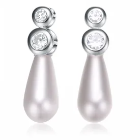 Cubic Zirconia Sterling Silver Rhodium Plated Round Bezel Set Mother Of Pearl Drop Earrings