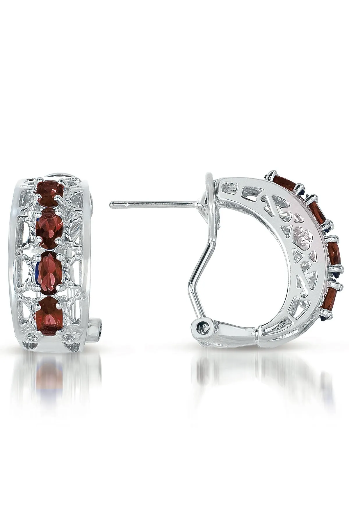 Cubic Zirconia Sterling Silver Rhodium Plated Ruby Omega Earrings