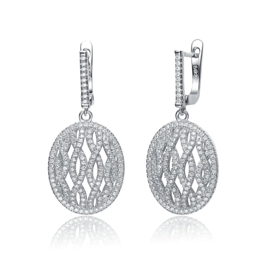 CZ Sterling Silver Rhodium Plated Oval Shape Drop Huggie Earrings