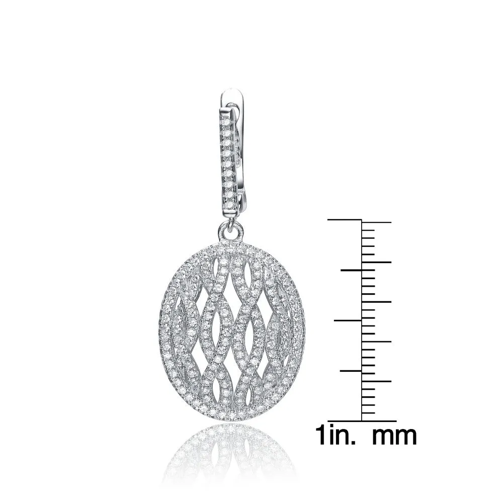 CZ Sterling Silver Rhodium Plated Oval Shape Drop Huggie Earrings