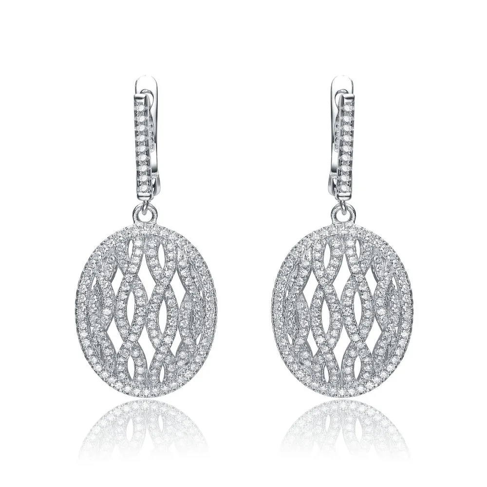 CZ Sterling Silver Rhodium Plated Oval Shape Drop Huggie Earrings
