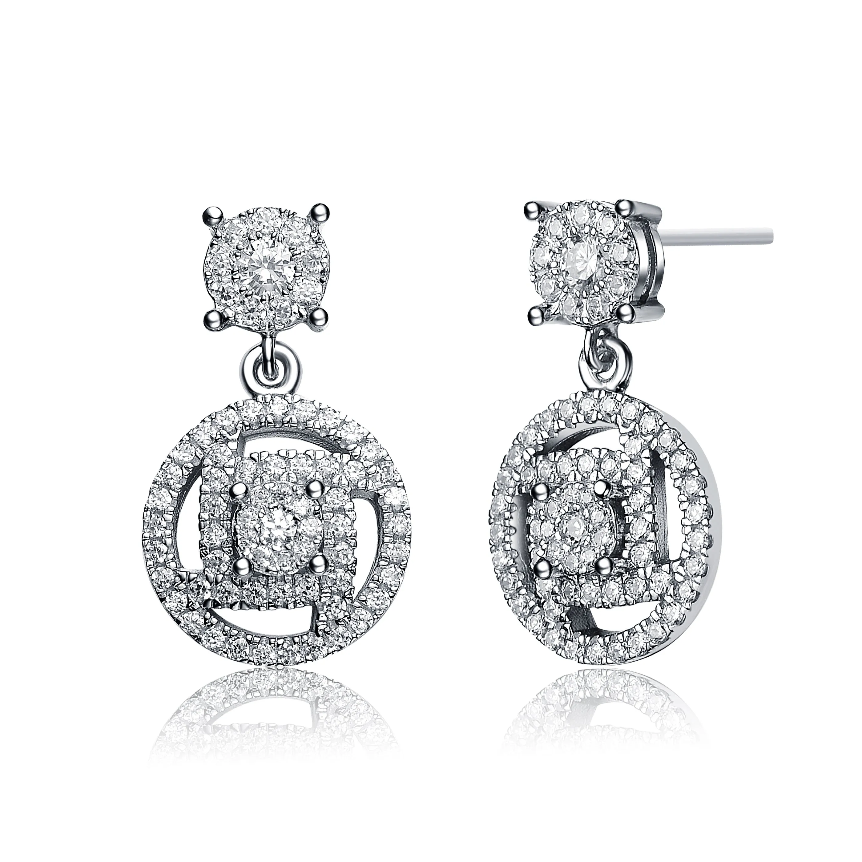 CZ Sterling Silver Rhodium Plated Round Drop Earrings