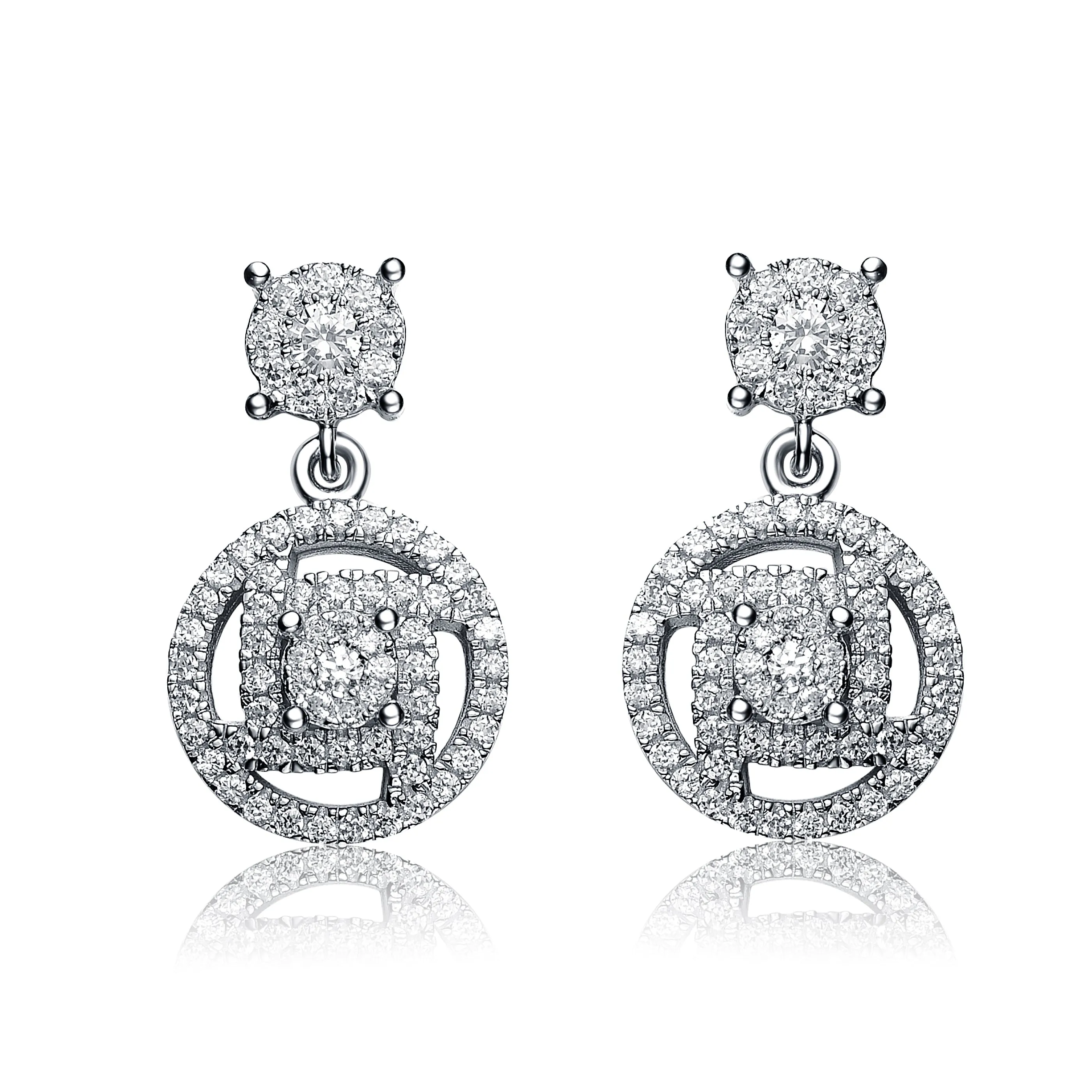 CZ Sterling Silver Rhodium Plated Round Drop Earrings