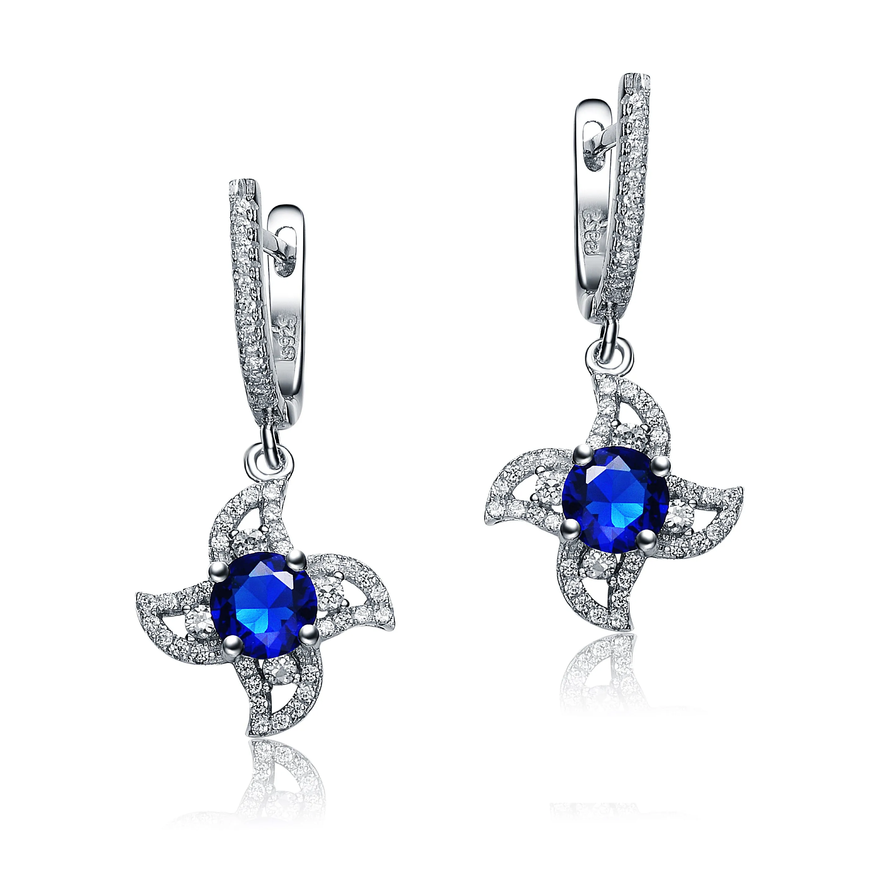 CZ Sterling Silver Rhodium Plated Sapphire Flower Dangling Earrings