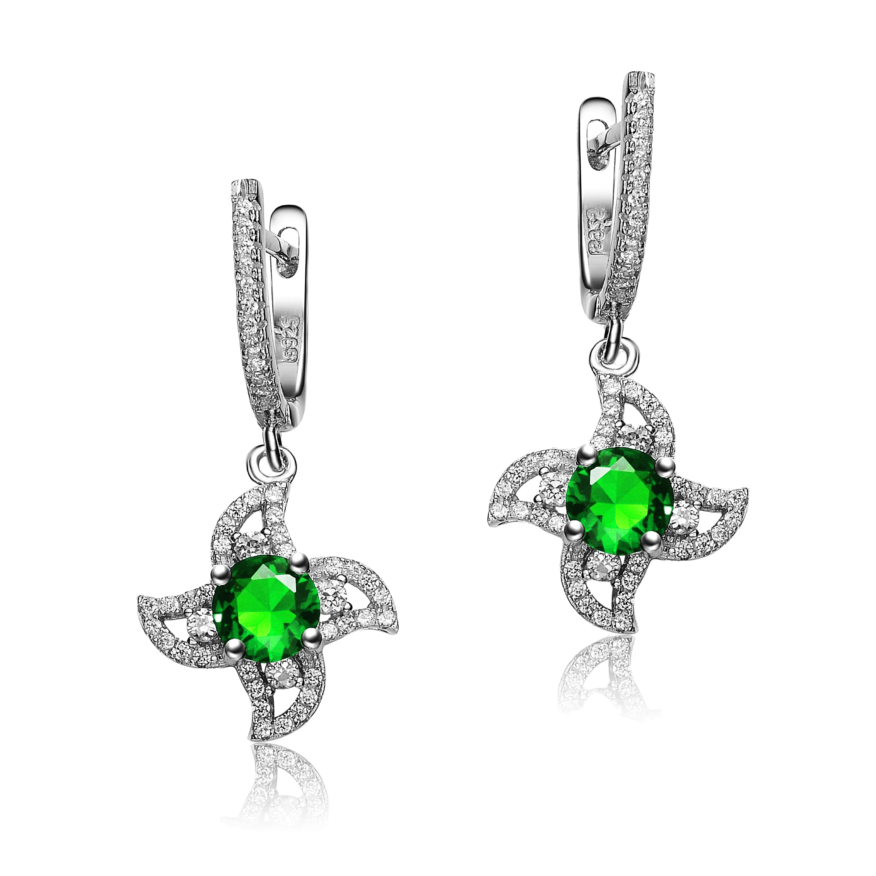CZ Sterling Silver Rhodium Plated Sapphire Flower Dangling Earrings
