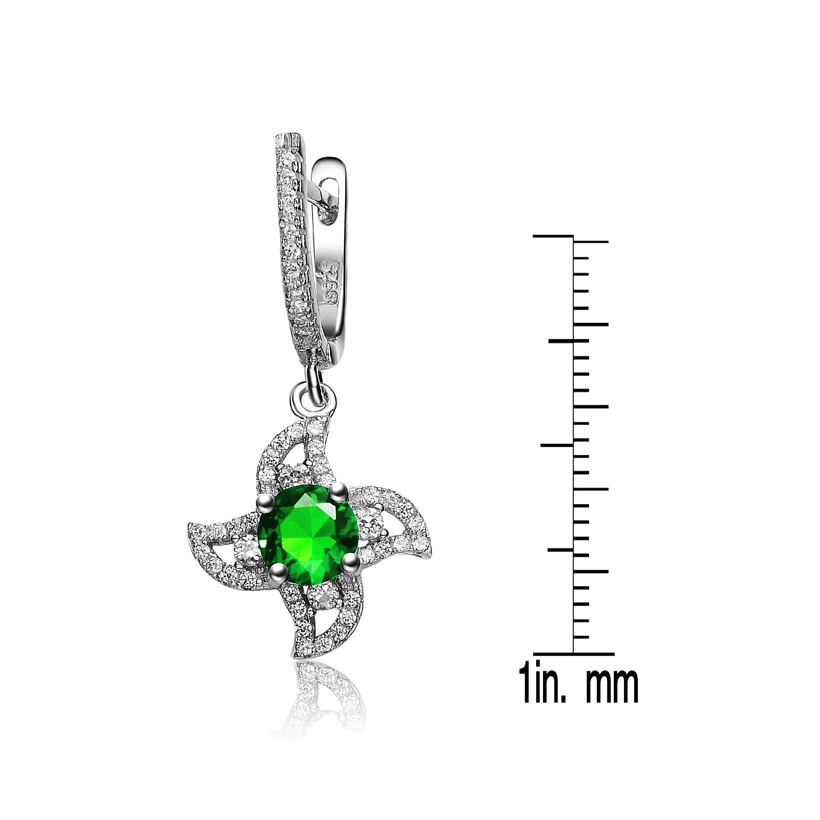 CZ Sterling Silver Rhodium Plated Sapphire Flower Dangling Earrings