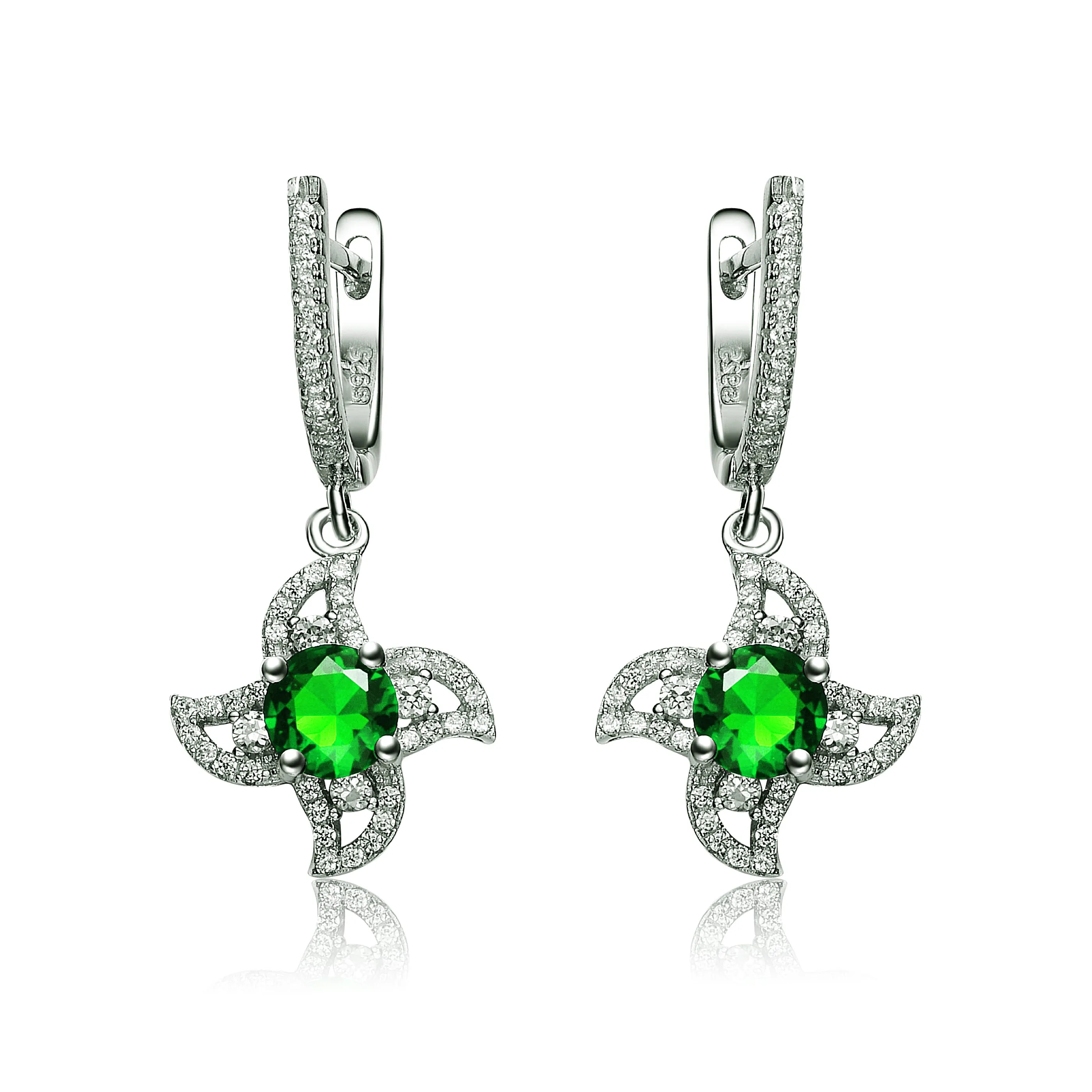 CZ Sterling Silver Rhodium Plated Sapphire Flower Dangling Earrings