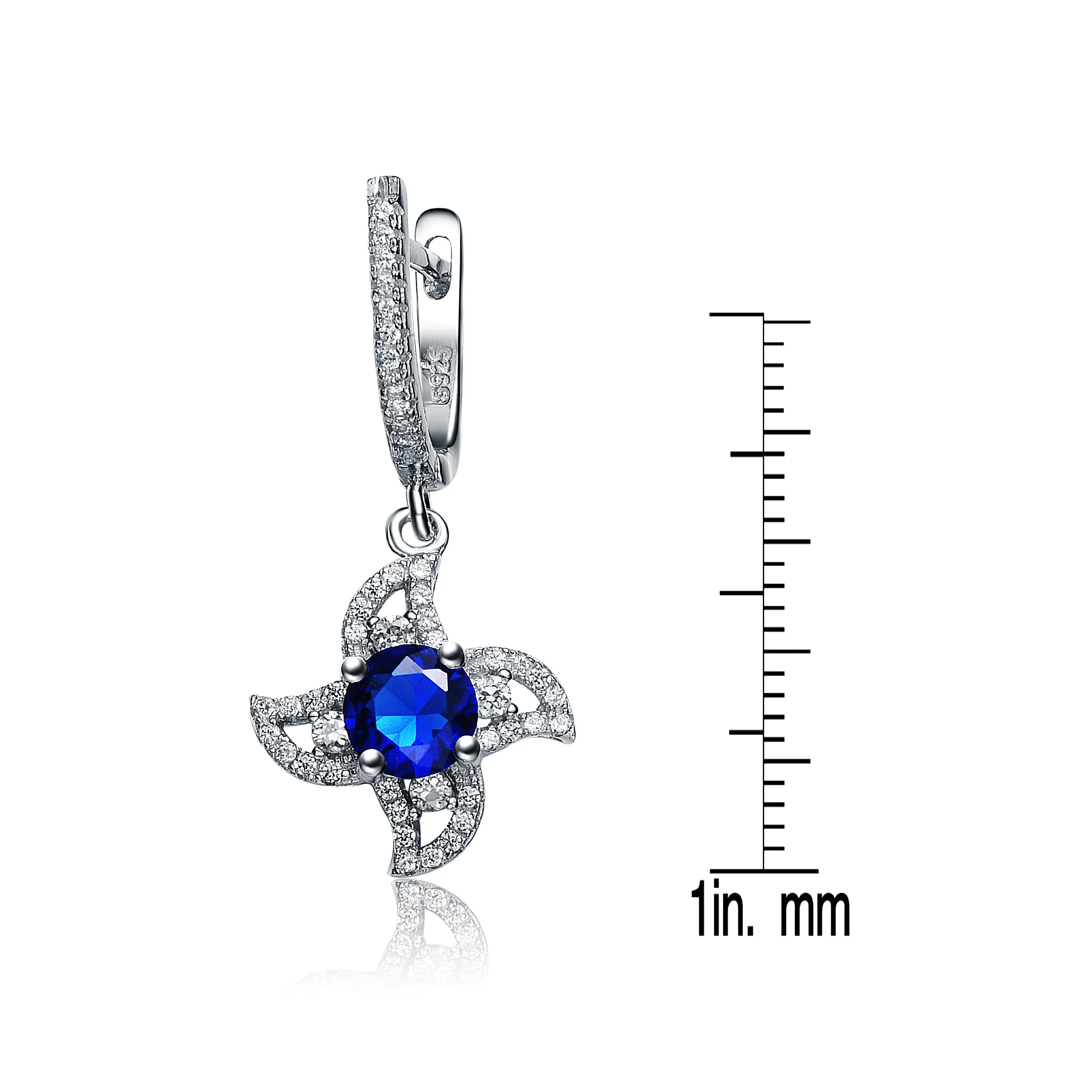 CZ Sterling Silver Rhodium Plated Sapphire Flower Dangling Earrings