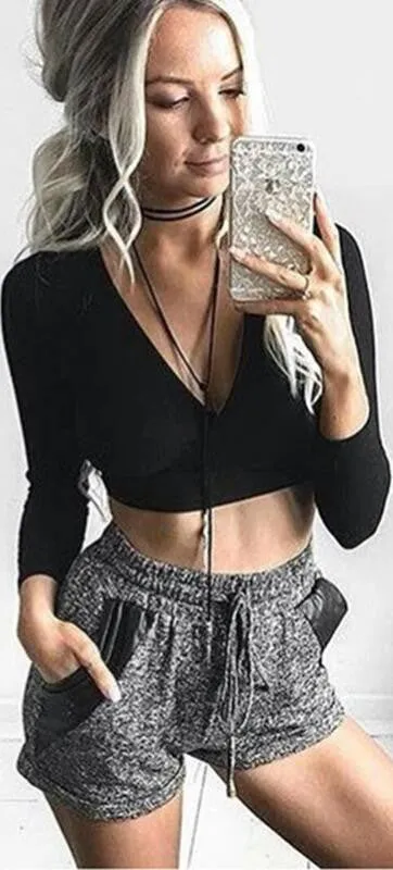 Deep V-neck Long Sleeves Straps Bandage Crop Top