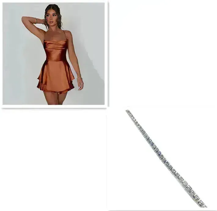 Elegant Chic Skirt Dress For Women Elegant Slim Strap Satin Backless Lace Up Ladies Party Mini Skater Dress