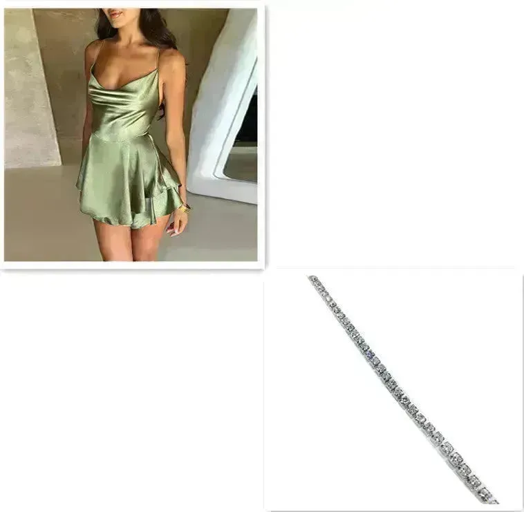 Elegant Chic Skirt Dress For Women Elegant Slim Strap Satin Backless Lace Up Ladies Party Mini Skater Dress