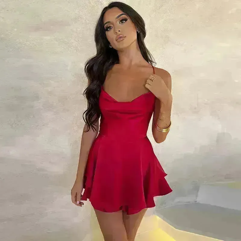 Elegant Chic Skirt Dress For Women Elegant Slim Strap Satin Backless Lace Up Ladies Party Mini Skater Dress