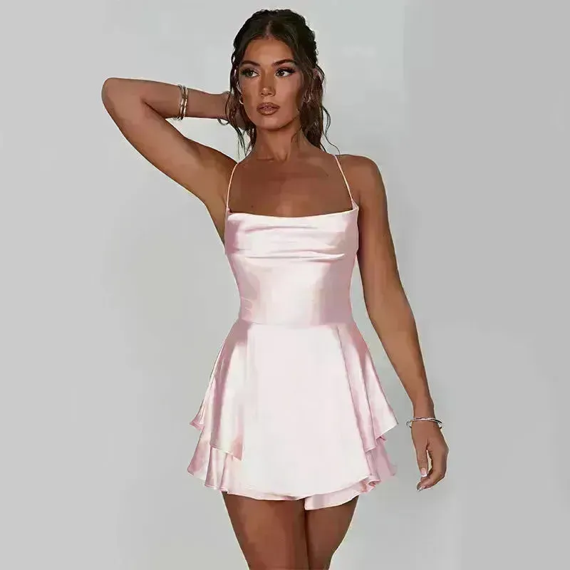 Elegant Chic Skirt Dress For Women Elegant Slim Strap Satin Backless Lace Up Ladies Party Mini Skater Dress