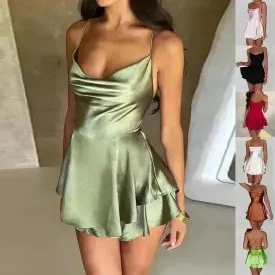 Elegant Chic Skirt Dress For Women Elegant Slim Strap Satin Backless Lace Up Ladies Party Mini Skater Dress