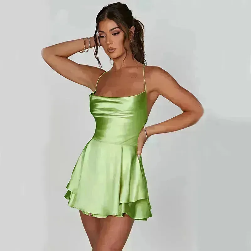 Elegant Chic Skirt Dress For Women Elegant Slim Strap Satin Backless Lace Up Ladies Party Mini Skater Dress