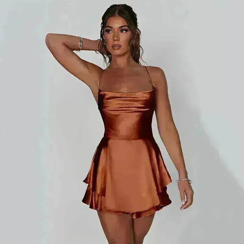 Elegant Chic Skirt Dress For Women Elegant Slim Strap Satin Backless Lace Up Ladies Party Mini Skater Dress