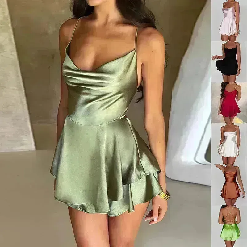 Elegant Chic Skirt Dress For Women Elegant Slim Strap Satin Backless Lace Up Ladies Party Mini Skater Dress