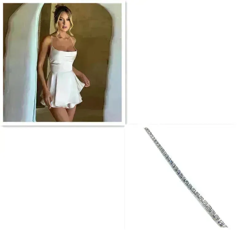 Elegant Chic Skirt Dress For Women Elegant Slim Strap Satin Backless Lace Up Ladies Party Mini Skater Dress