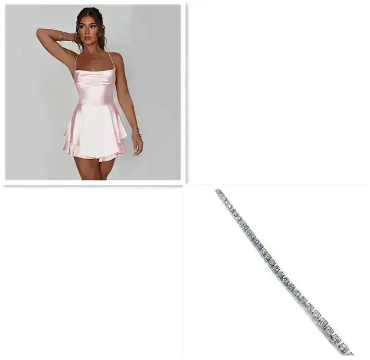 Elegant Chic Skirt Dress For Women Elegant Slim Strap Satin Backless Lace Up Ladies Party Mini Skater Dress