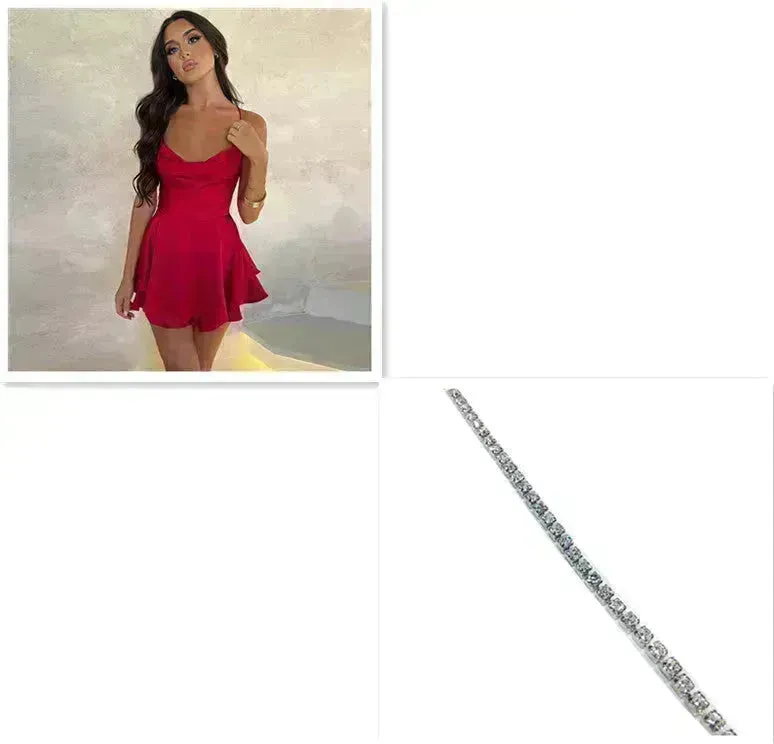 Elegant Chic Skirt Dress For Women Elegant Slim Strap Satin Backless Lace Up Ladies Party Mini Skater Dress