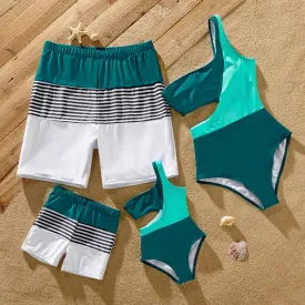 Family Matching Swimsuit Colorblock One-piece Bathing Suit or Swim Trunks Shorts
