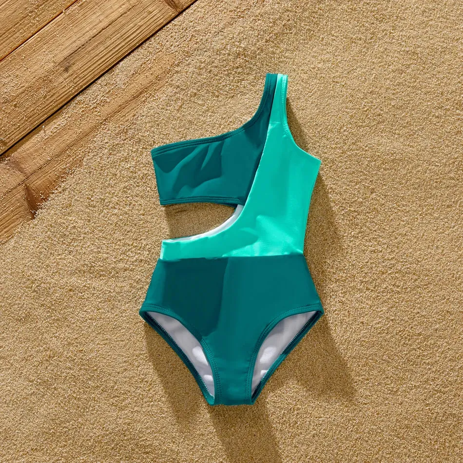 Family Matching Swimsuit Colorblock One-piece Bathing Suit or Swim Trunks Shorts