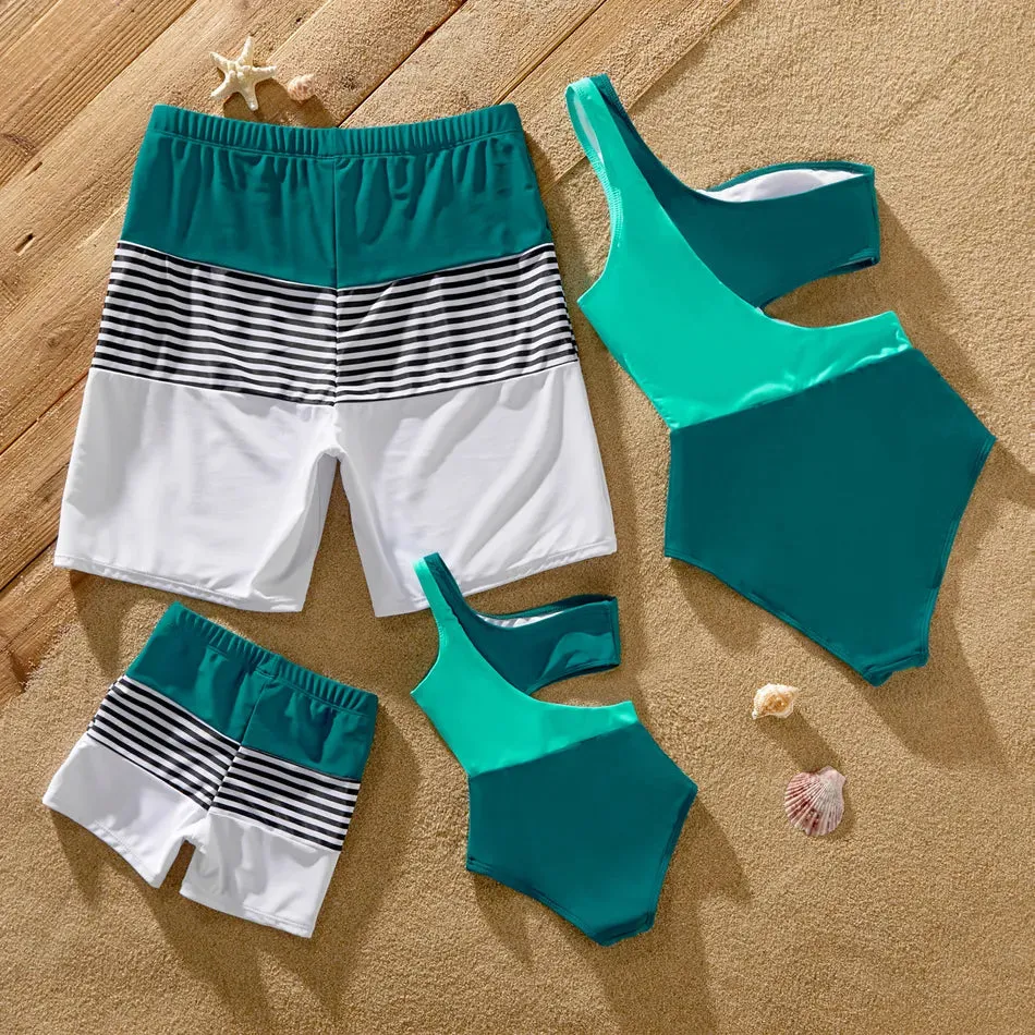 Family Matching Swimsuit Colorblock One-piece Bathing Suit or Swim Trunks Shorts