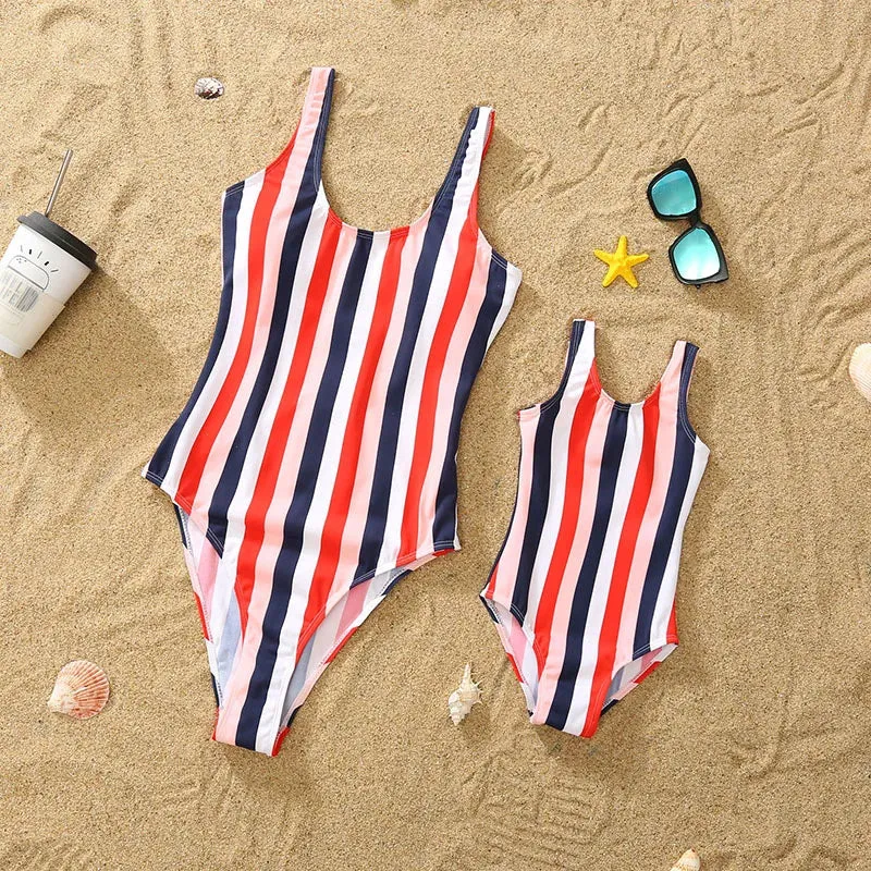 Family Matching Swimsuits Girls Rainbow Bathing Suits Multiple Color Striped