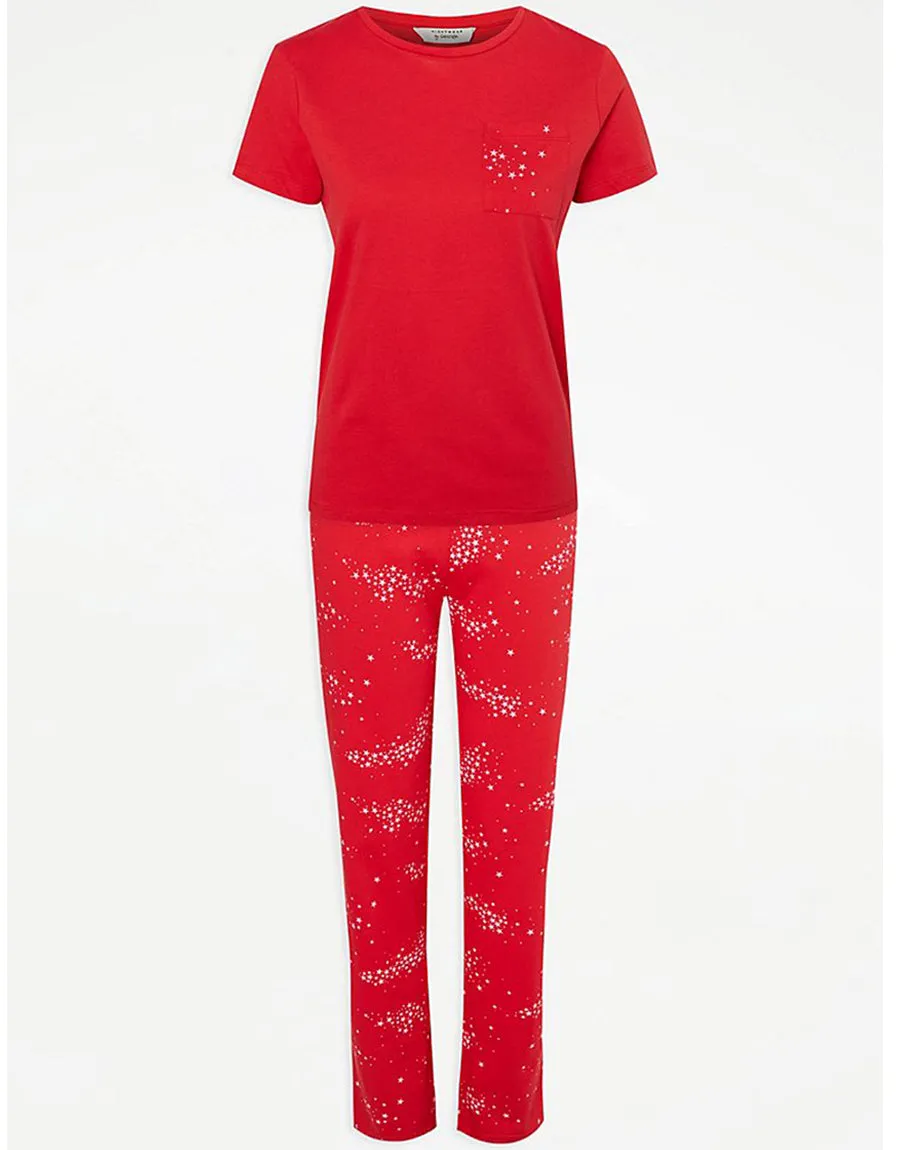 Ladies Jersey Comboed Cotton Pajama Sets-Red