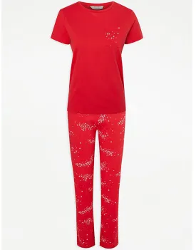 Ladies Jersey Comboed Cotton Pajama Sets-Red
