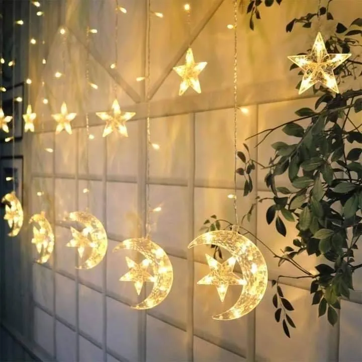 LED Star Moon Curtain Lights, Moon Star String Light with 8 Flashing Modes Decoration for Christmas, Wedding, Party, Home Decorations (Warm White)