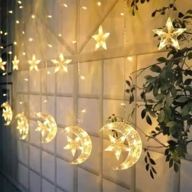 LED Star Moon Curtain Lights, Moon Star String Light with 8 Flashing Modes Decoration for Christmas, Wedding, Party, Home Decorations (Warm White)