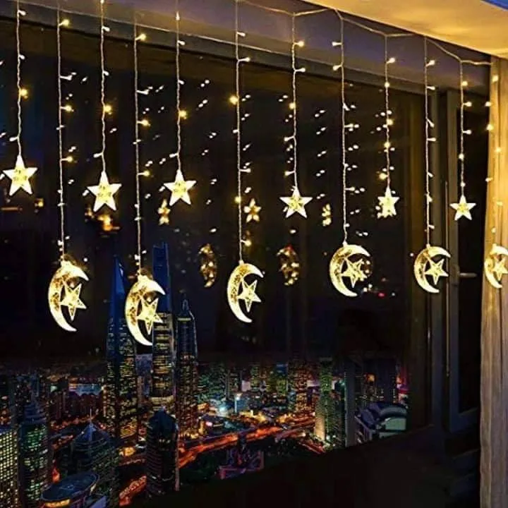 LED Star Moon Curtain Lights, Moon Star String Light with 8 Flashing Modes Decoration for Christmas, Wedding, Party, Home Decorations (Warm White)