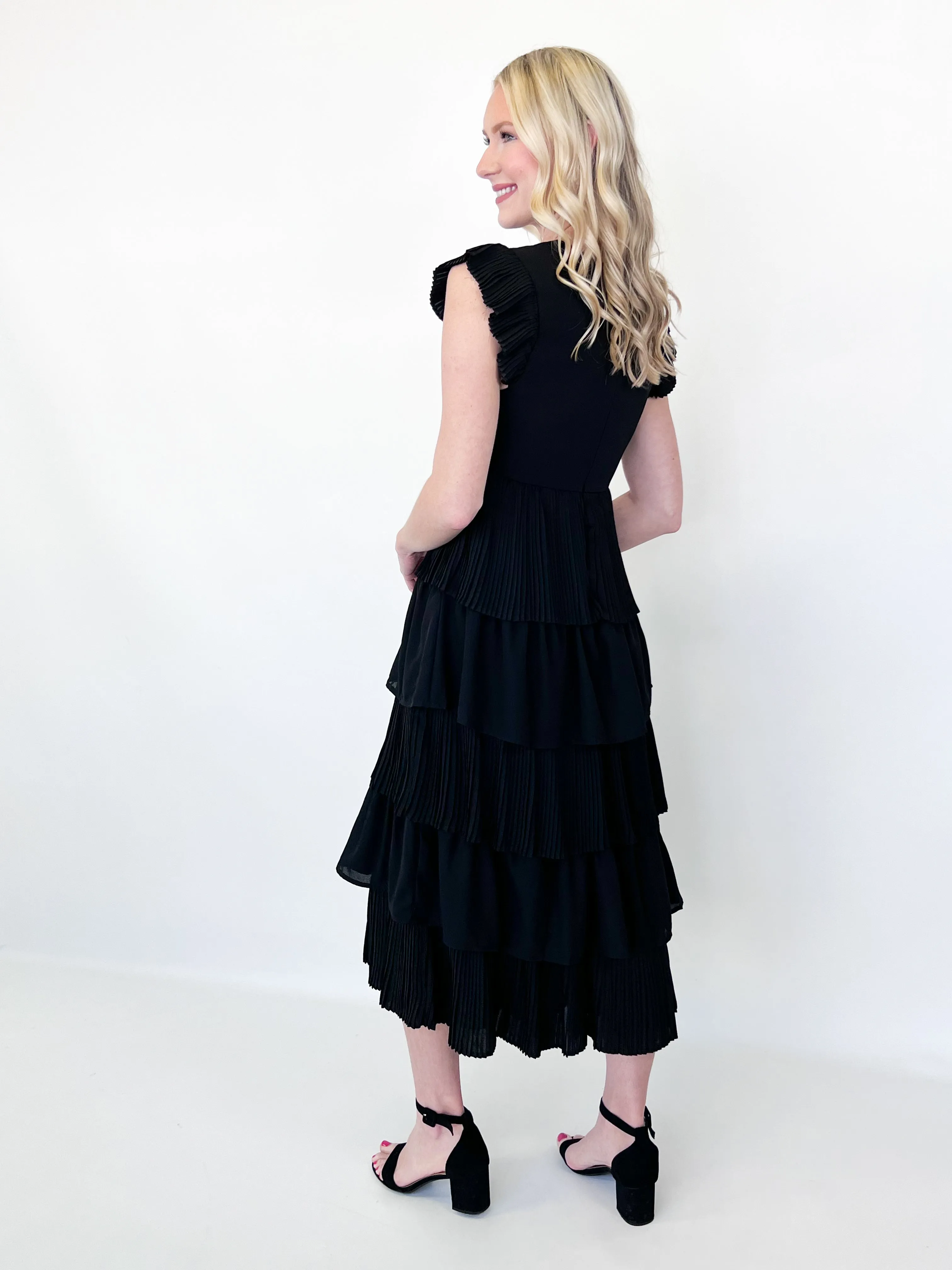 Linda - Black Pleated Midi Dress
