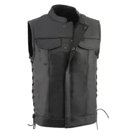 LKM3712 Side Lace Men's Black Leather Club Style Motorcycle Rider Vest w/ Front Snap/Zipper and Side Lace