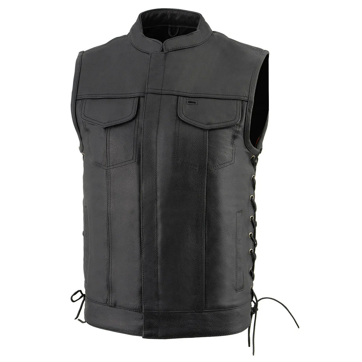 LKM3712 Side Lace Men's Black Leather Club Style Motorcycle Rider Vest w/ Front Snap/Zipper and Side Lace