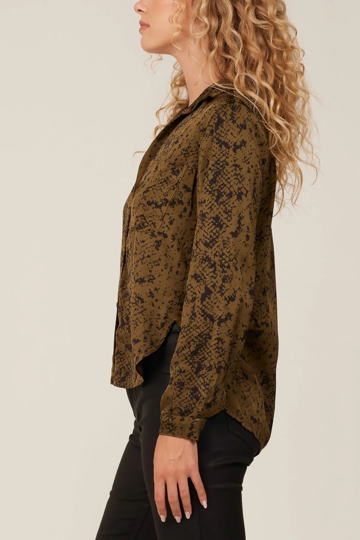 Long Sleeve Rounded Hem Button Down - Olive Snake Print