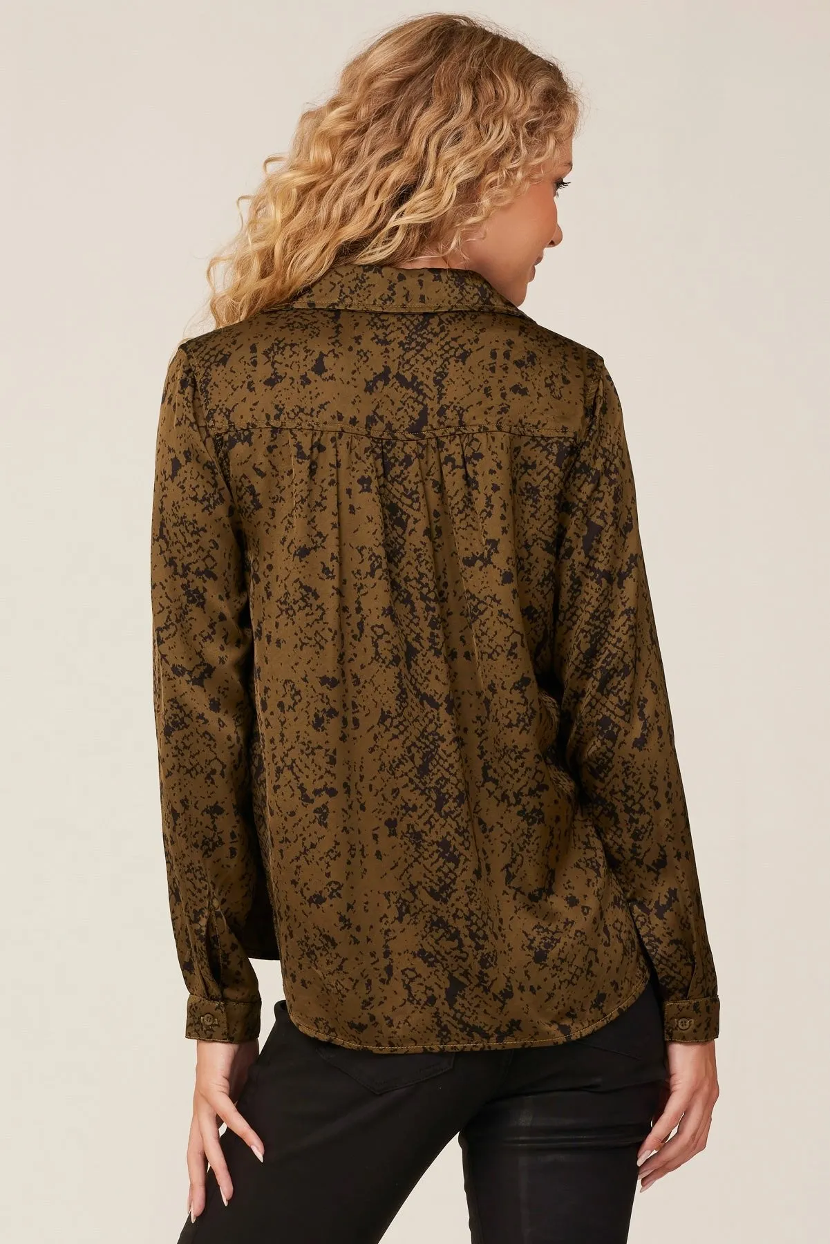 Long Sleeve Rounded Hem Button Down - Olive Snake Print