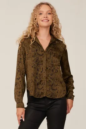 Long Sleeve Rounded Hem Button Down - Olive Snake Print