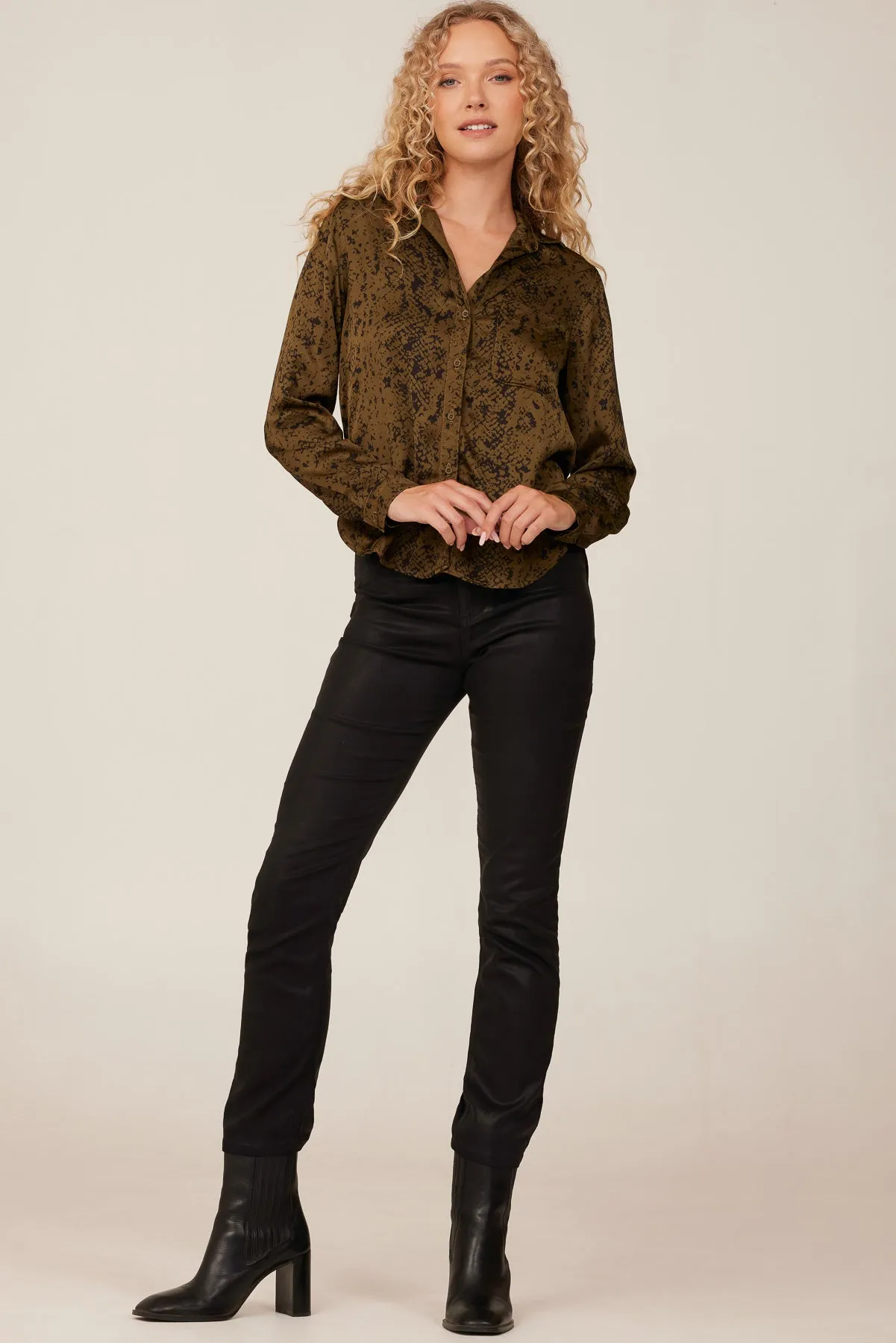 Long Sleeve Rounded Hem Button Down - Olive Snake Print