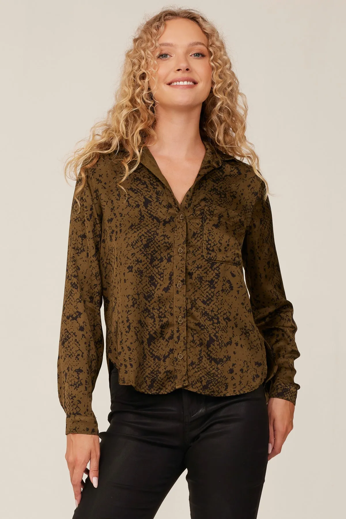Long Sleeve Rounded Hem Button Down - Olive Snake Print